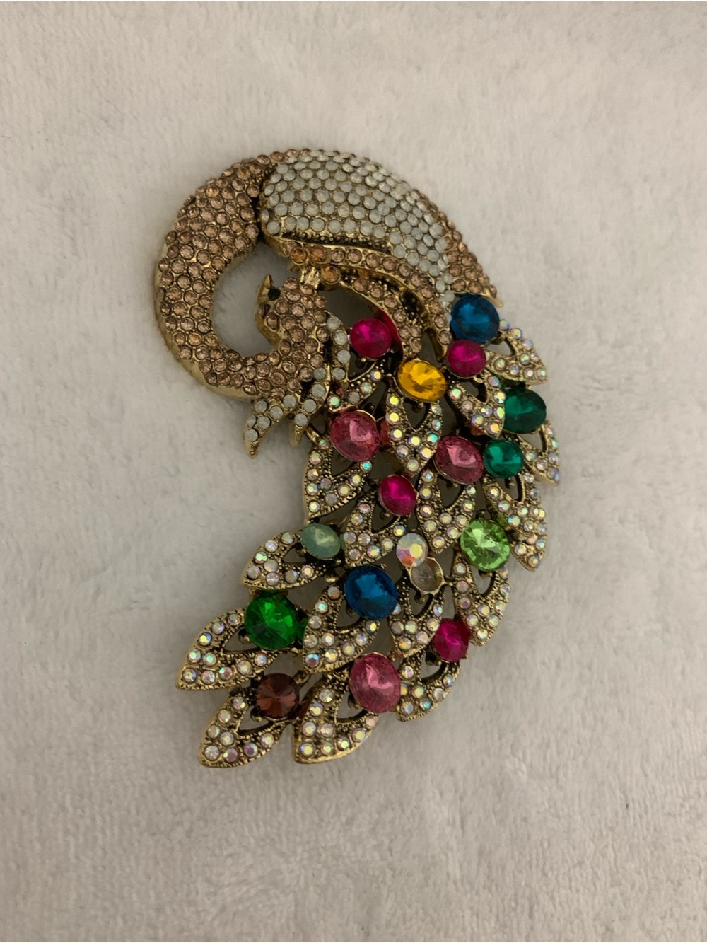 Multicolor Crystal Peacock Feather Brooch - Gold Tone
